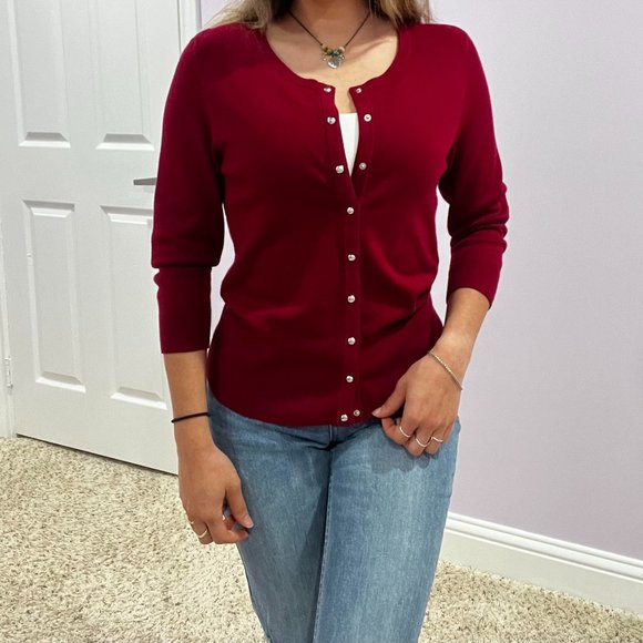 Red White House Black Market Cardigan with Rose Buttons - Picture 1 of 3